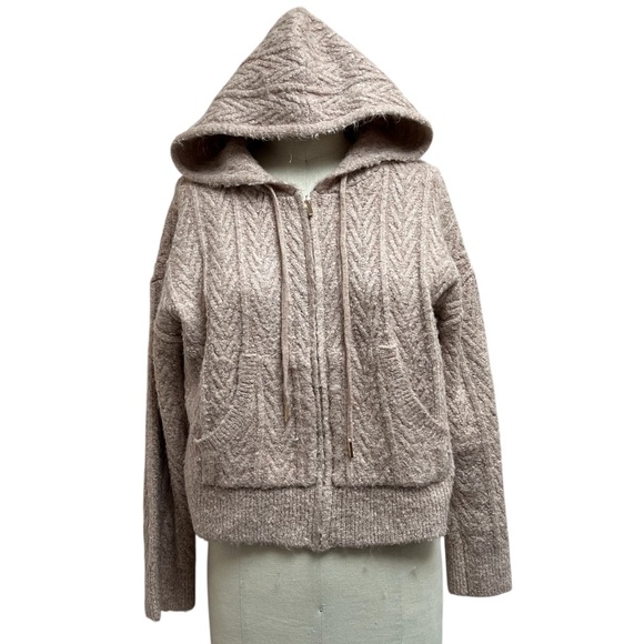 Jason Wu Heather Taupe Hooded Cable Knit Zip up Cardigan - Picture 2 of 7